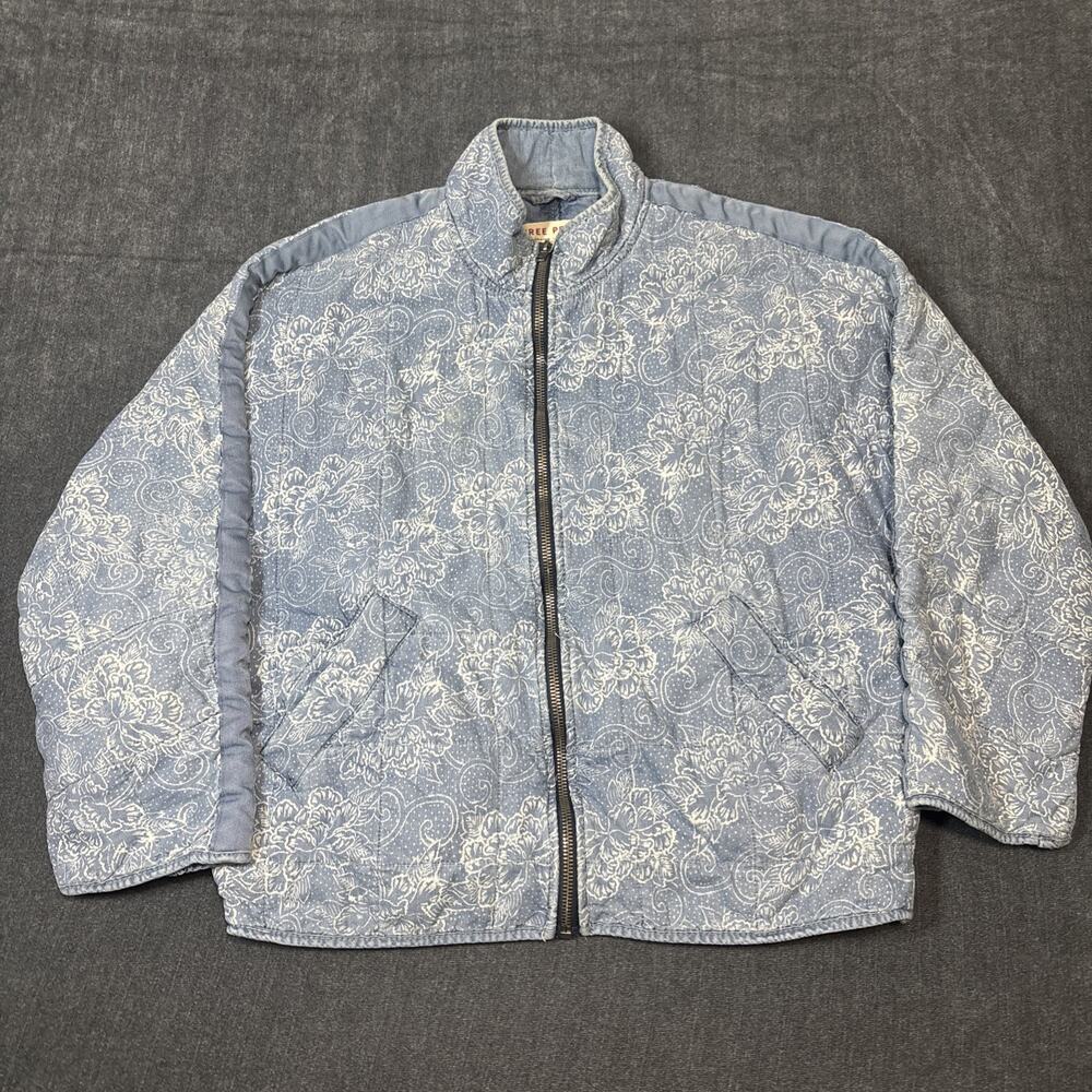 Free People Denim Jacket Women Size Large Boho Paisley Lotus Floral